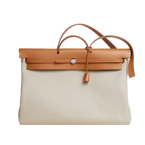 【新品包包】HERMES/爱马仕24新款 男士米棕混色帆布配牛皮旅行手提包H077787CKAO