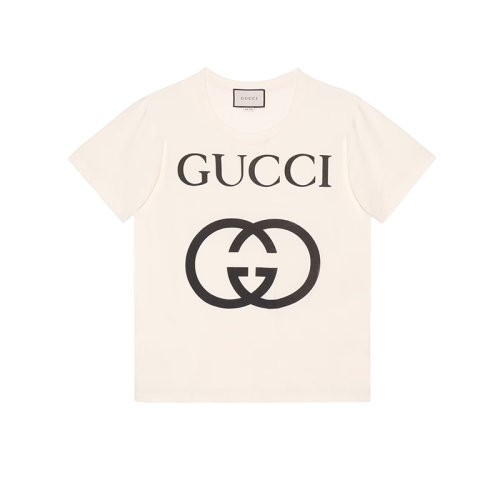 【服装】GUCCI/古驰 22年春夏新款 男士白色纯棉互扣式双G超大造型短袖T恤‎493117X3Q357561（衣服）